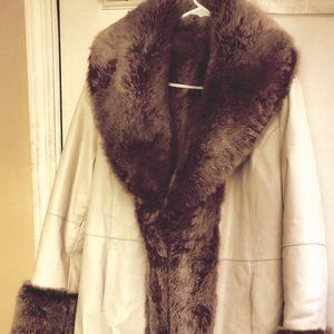 CREAM LEATHER/FAUX FUR REVERSIBLE FULL-LENGTH COAT
